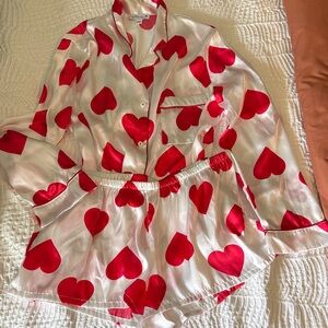 Women's Red Heart Print Satin Pajama Set